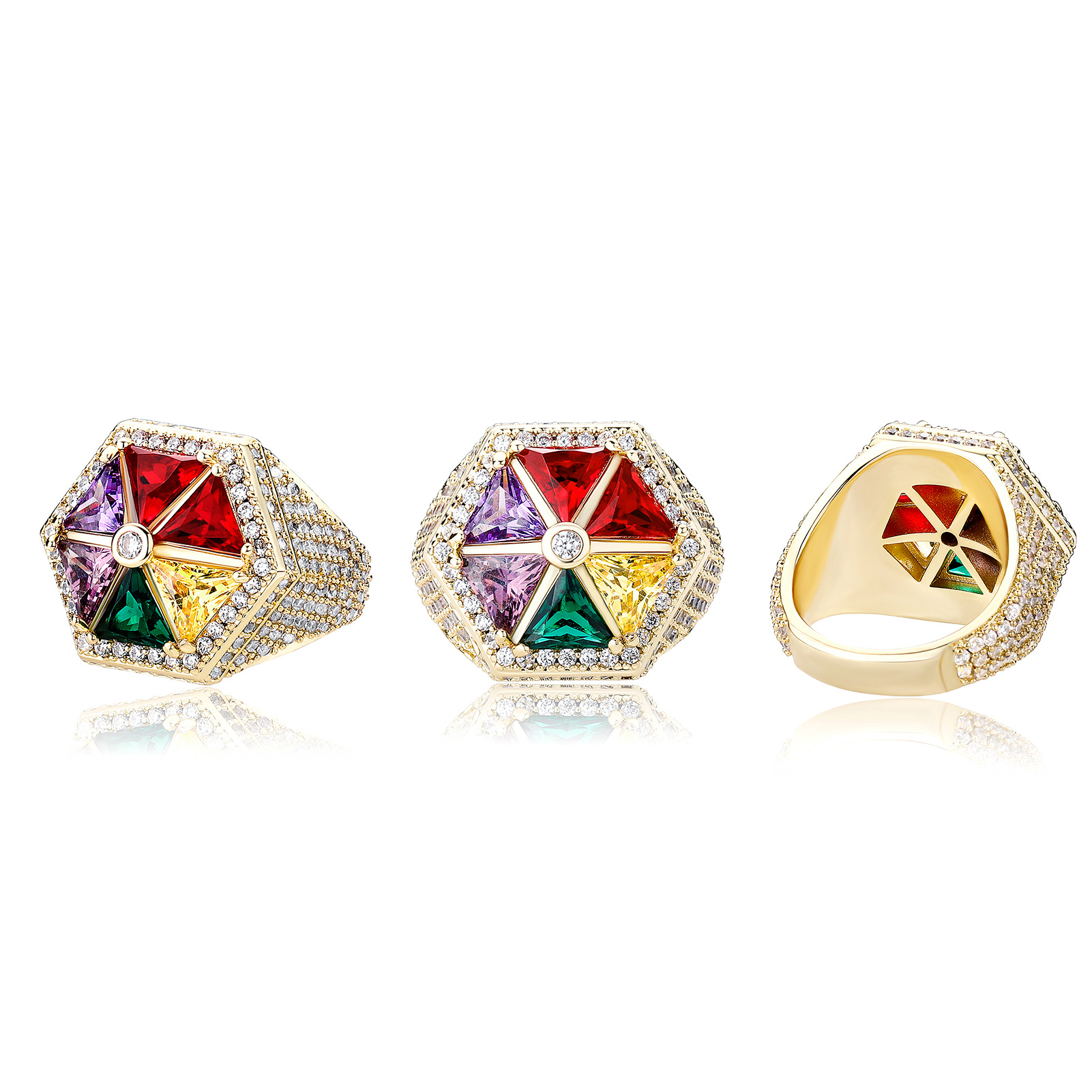 Hip Hop Lovely Candy Colored Hexagon Ring Real Gold Plated TopBling 5A T Zircon Jewelry