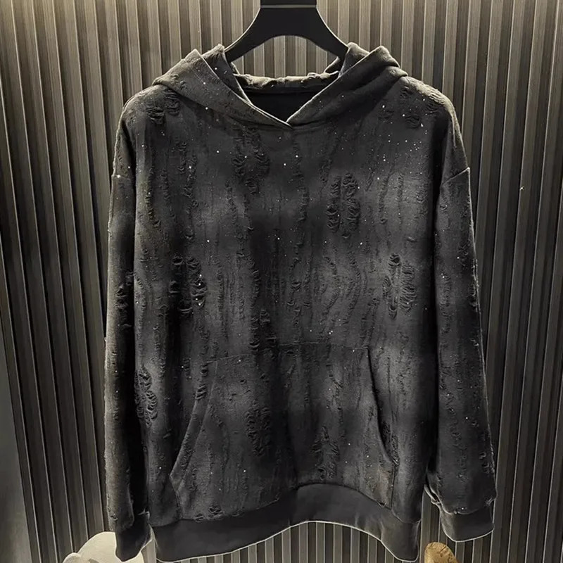 Y2K Techwear Autumn Tassel Hoodie Mens Tear Cargo Hoodie Fashion Mens Street Clothing Pocket Patch Work Color Hoodie 250211