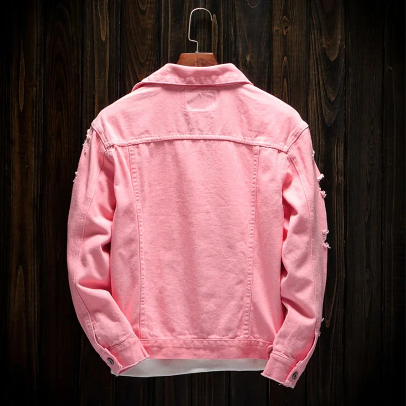 Mens Autumn Ripped Denim Jacket Loose Long Sleeve Pink 250210