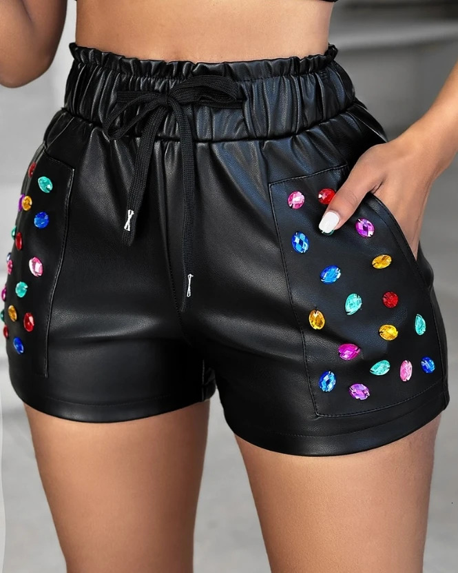2024 Womens Colorful Water Diamond Pu Leather Shorts Casual Bottom Clothing Set 250213