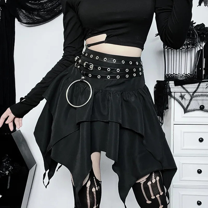 Gothic Punk Irregular Skirts Sexy Women Solid Color Drawstring TieUp Ruched Ruffles Mini Skirt Summer Fashion Short 250211