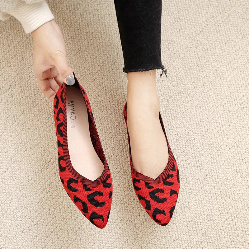 Women Leopard Mesh Casual Shoes Autumn Pointed Hollow Flying Weaving Comfort Light Soft Breathable Knit Flats Zapatos De Mujer 250214