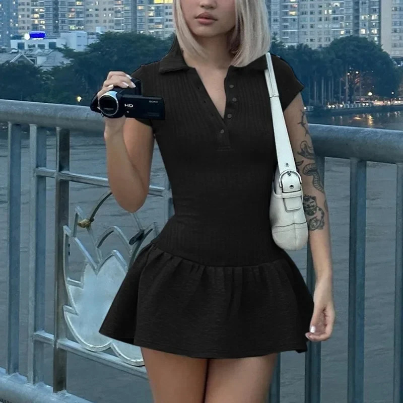 Talenza White Knitted Short Dress Womens Summer Patchwork Lapel Sleeve Pleated ALine High Waist Office Lady 250214