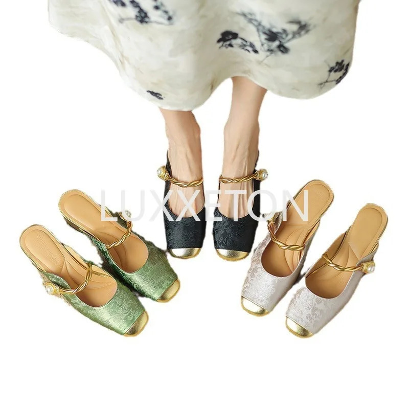 Women Baotou Half Slippers Summer Elegant Artificial Leather Barefoot Print Women Outdoor Fashion Low Heel Slippers 250213