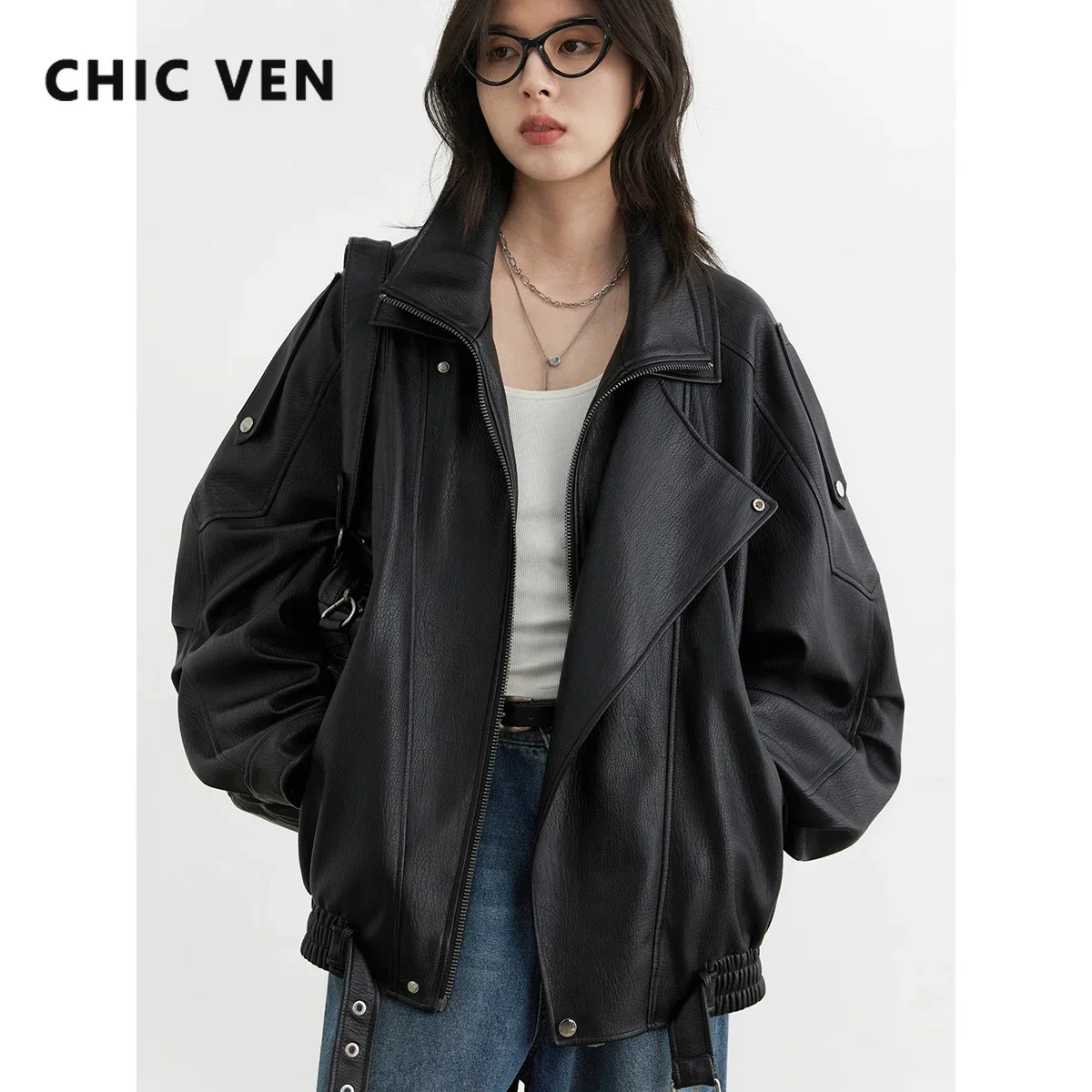 CHIC VEN Women Jackets Fashion Retro Loose Motorcycle PU Coat Solid Faux Leather jacket Female Clothing Autumn 250211