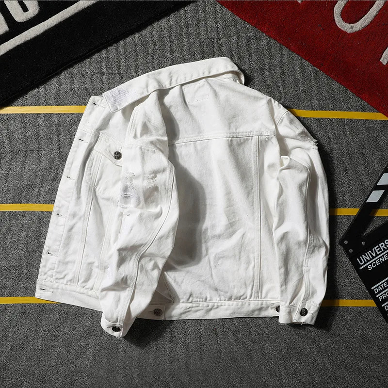 Autumn Mens Jean Jacket Slim Fit Cotton Denim Red White Black Ripped Hole Coats Men Cowboy Youth 5XL 250210