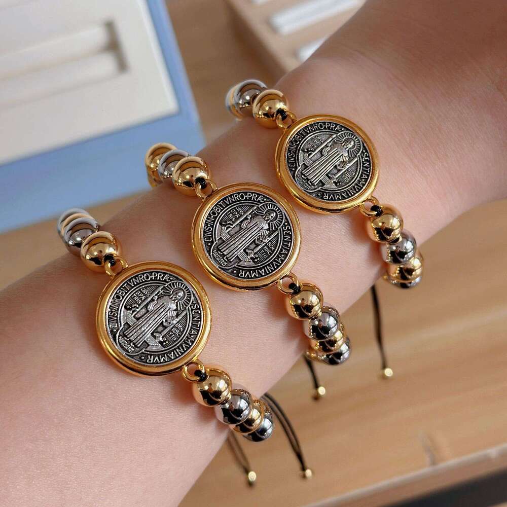 New Saint Benedict copper bead with adjustable drawstring, beaded woven bracelet