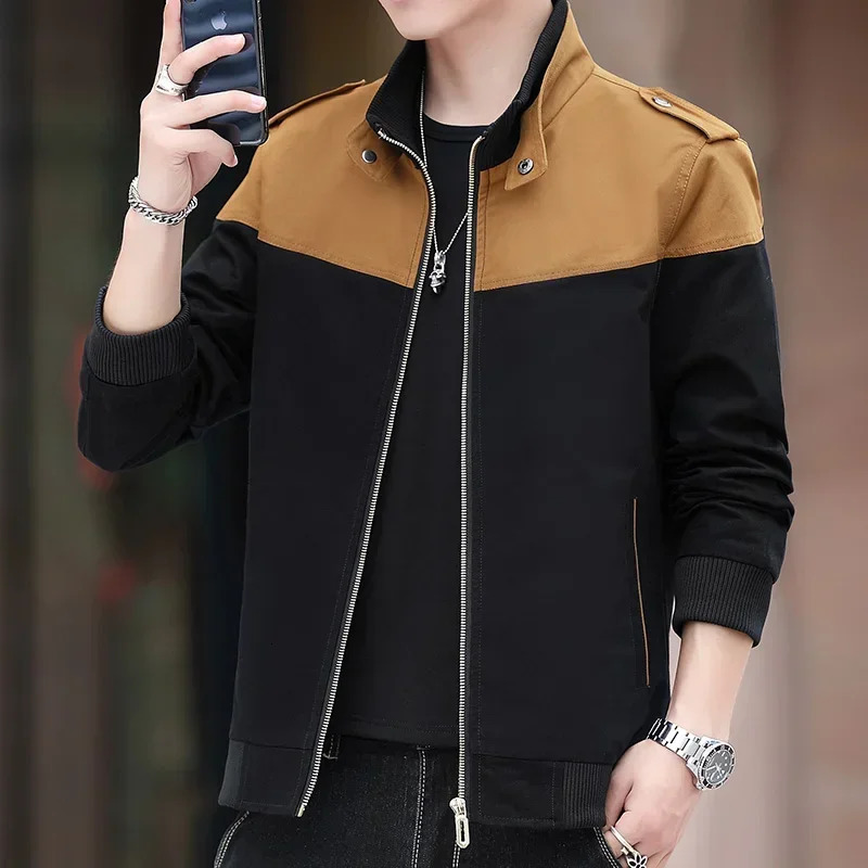 Pure Cotton Jacket Spring Mens Casual Color Blocking Zipper Stand Up Collar Coat Outdoor Fashion Versatile Baseball Clothing 250212