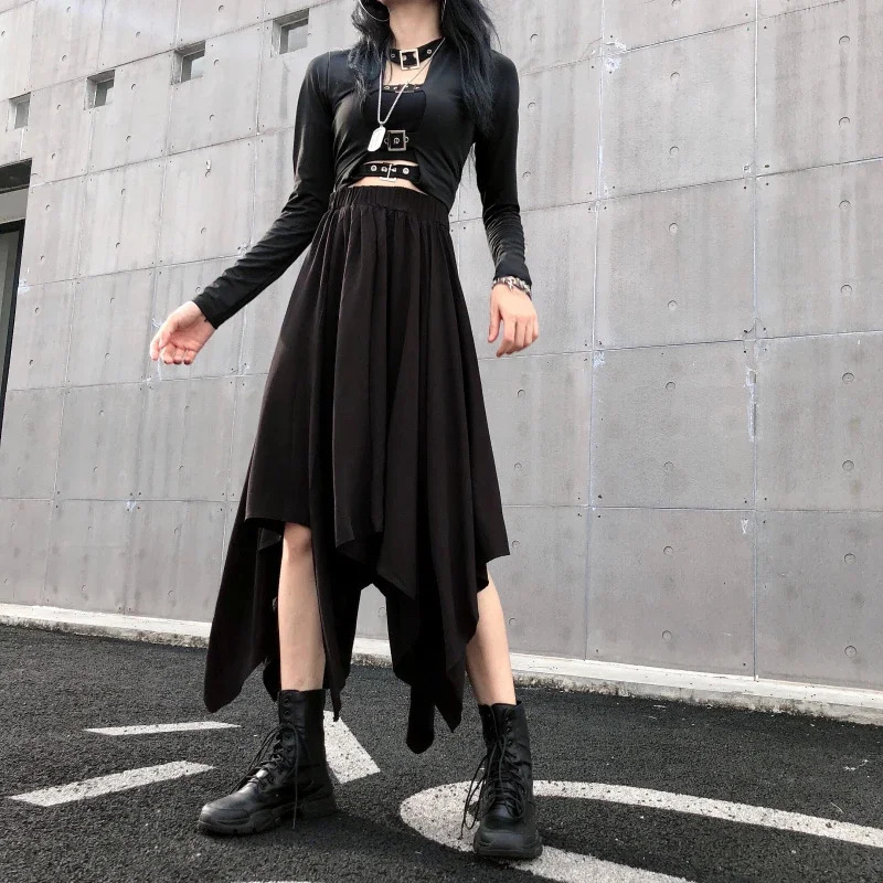 Dark Black Irregular High Waist Skirt Goth Punk Gothic Harajuku Long Vintage korean fashion clothing 250211