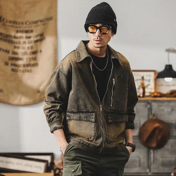 Spring and Fall Mens plussize Cyberpunk Waste Denim jacket High quality pure cotton rustwashed functional work size5XL 250212