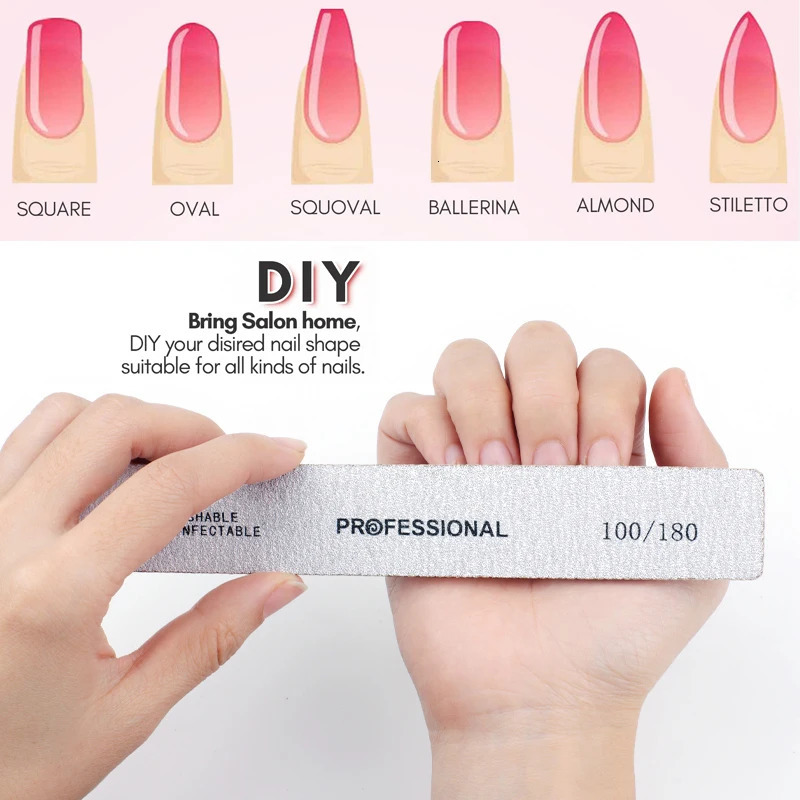 20Pcs/lot Professional Rectangle Nail Files Grey Buffer 80/100/180 Grit Washable Files For Manicure Straight Nail Care Tools 250214