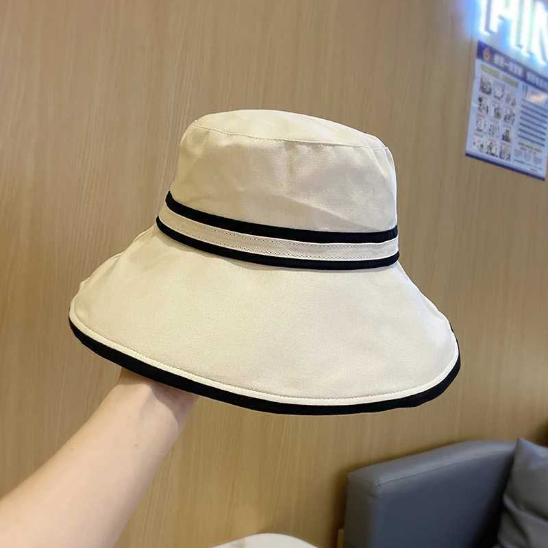Womens Summer Bucket Hat Soft Cotton Strip Wide Brim Fishermans Hat Travel Beach Ladies Outdoor Folding Panama Basin Hat W250217