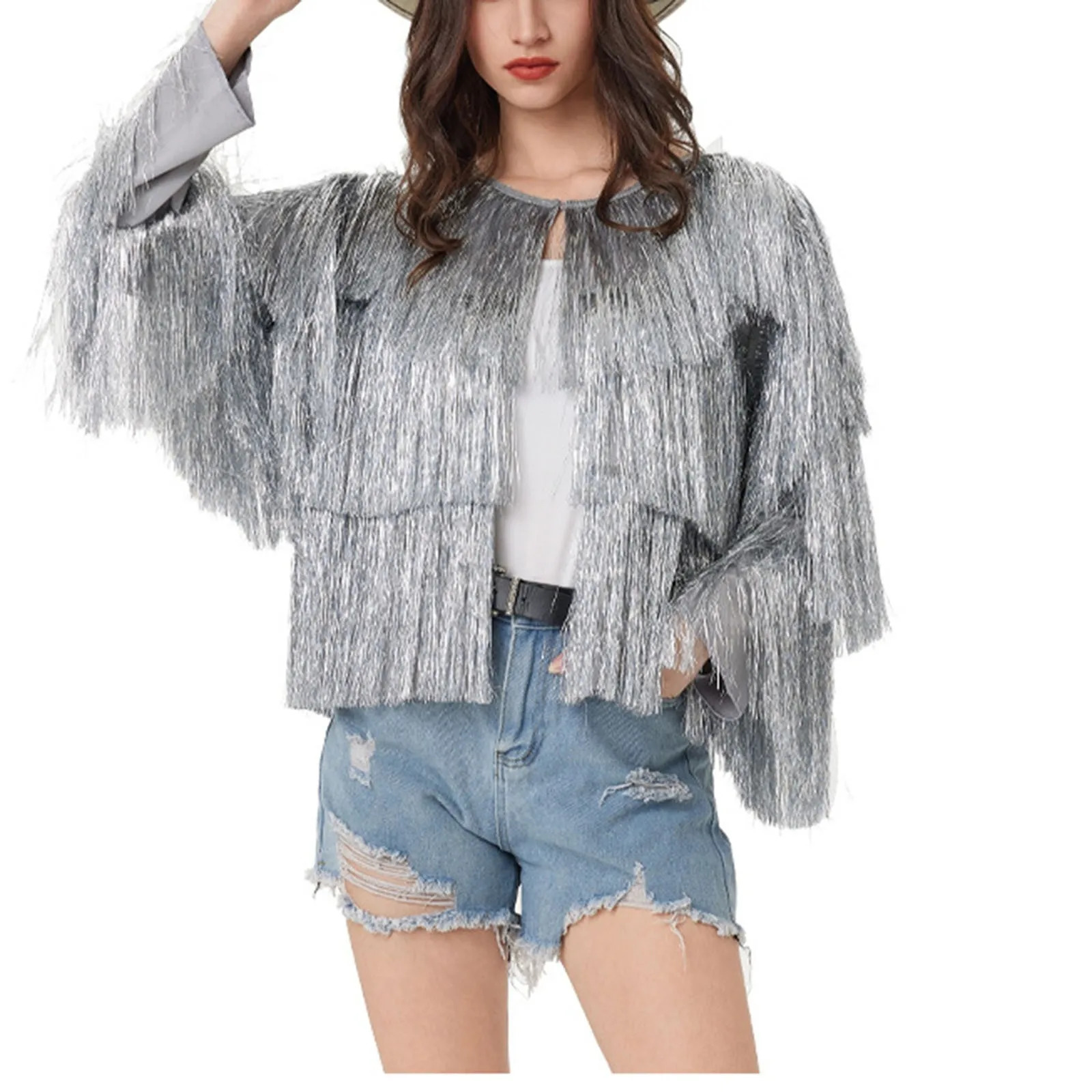 WomenS Glitter Sequin Jacket Hiphop Long Sleeve Fringe Zip Fly Club Outwear Streetwear Coats For Female 250213