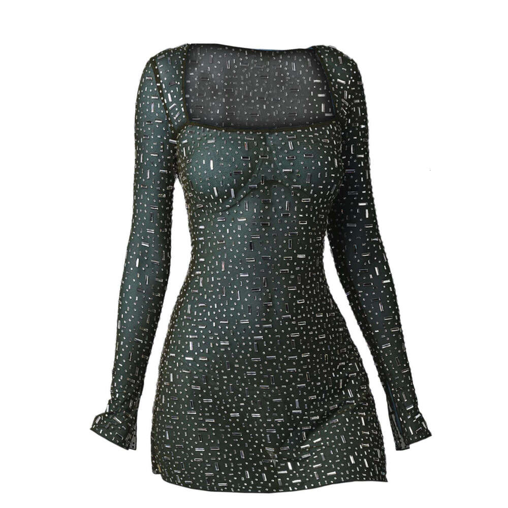 hot selg women's sequined rhie sexy semi transparent long sleeved short dress 2025 new style chic and elegant clothing