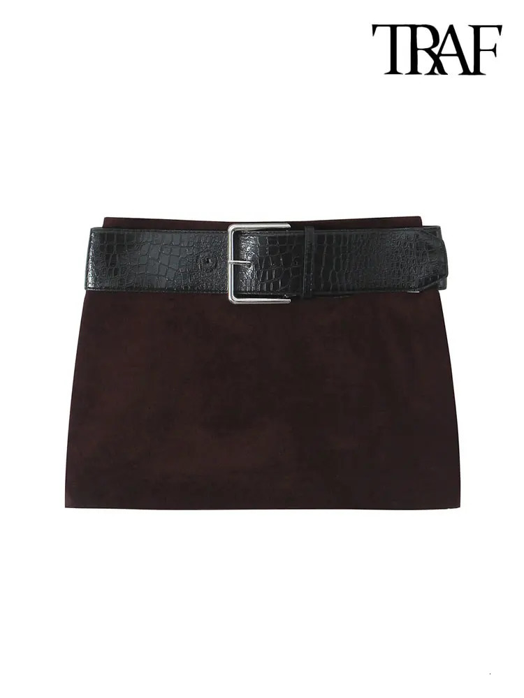 TRAFWomens Front Button Velvet Cropped Jacket Coat and Low Waist with Belt Mini Skirt Female Two Piece Sets Chic Fashion 250214