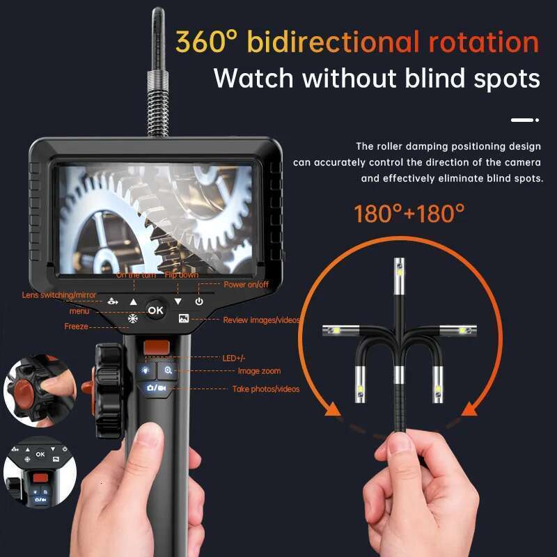 WDLUCKY 8.5MM Dual Lens Articulating Borescope 1080P 5 Inch IPS Two Way 360° Steering Endoscope Camera 1.5m Snake Tube IP67