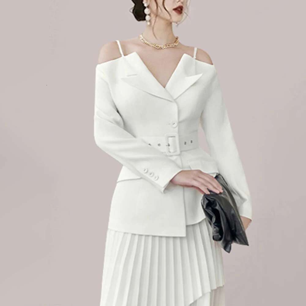 Elegant Skirts Set For Women Lapel Long Sleeve Spliced Belt Tunic Backless Coat High Waist Pleated Skirt Chic Sets Female