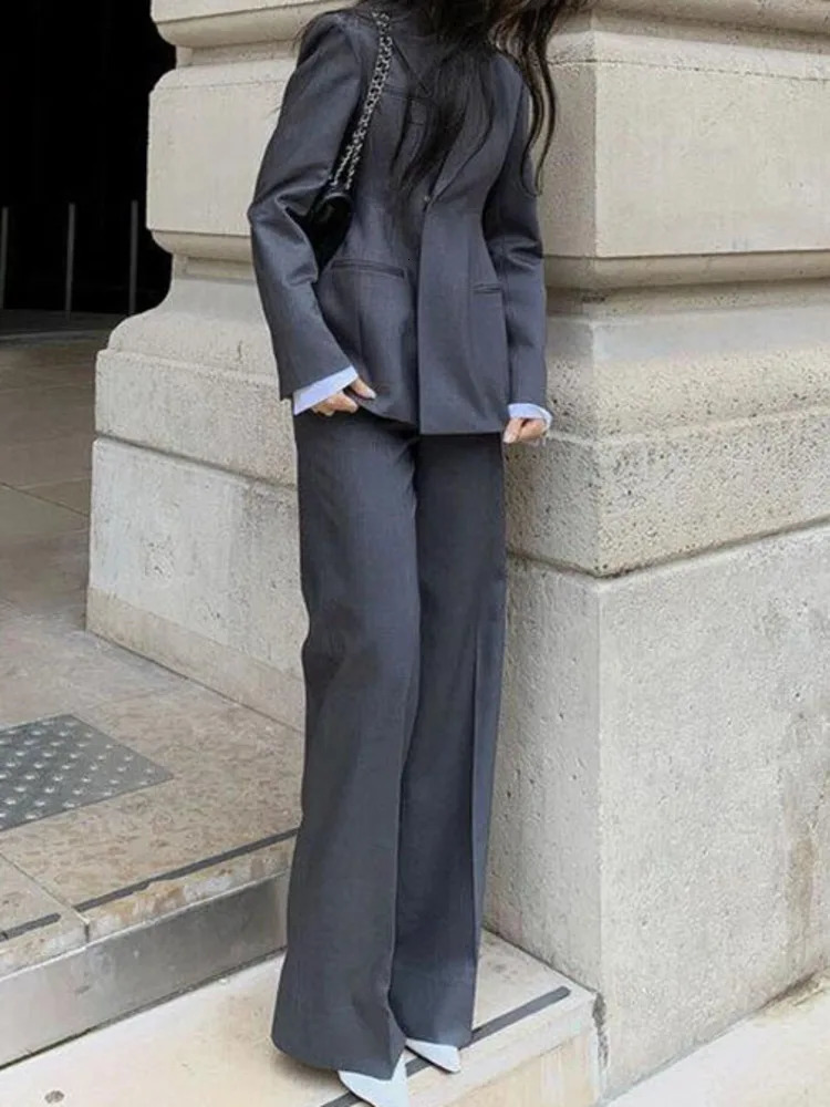 BJTZ The Womens Suit Brings A High-end Feel Wearing A Professional Little Gray Suit Jacket Wide-leg Pants Two Pieces 250210