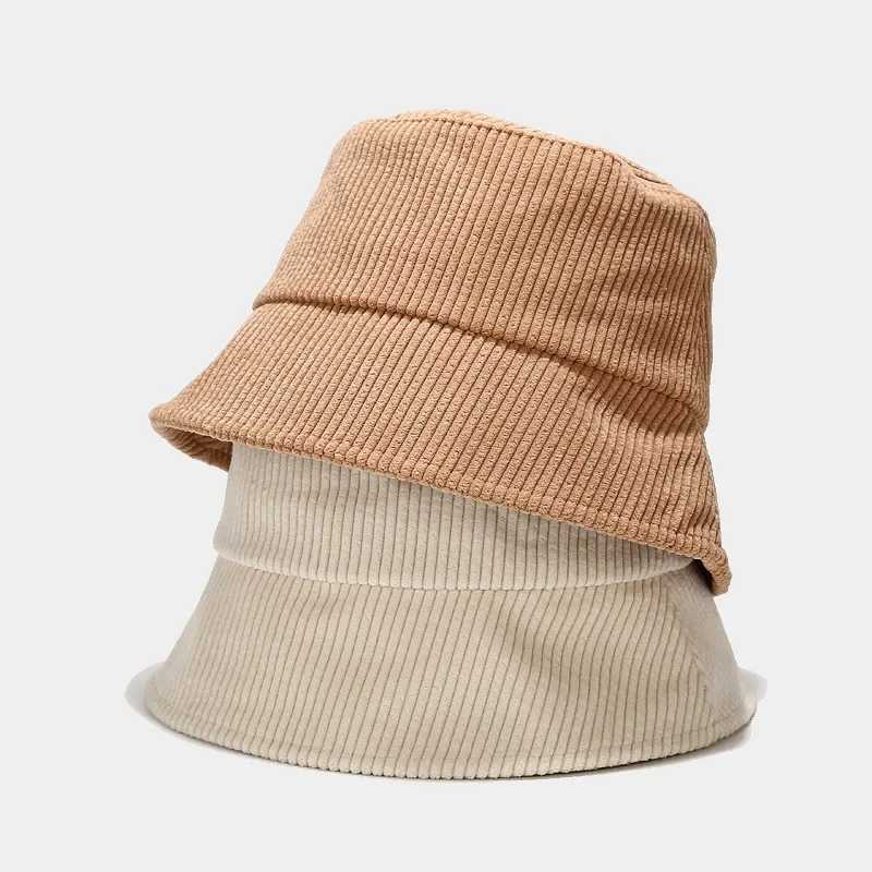 New Corduroy bucket hat womens Panama winter autumn warm solid street clothing folding travel sun hat large width Visor retro flat hat W250217