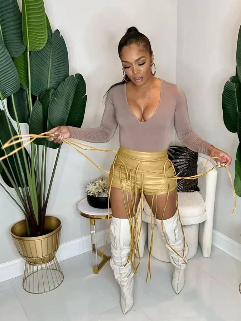 KEXU Sexy PU Leather Rope Tassle Decoration Bodycon Shorts Streetwear Fashion Clothes Club High Waist Women 250213