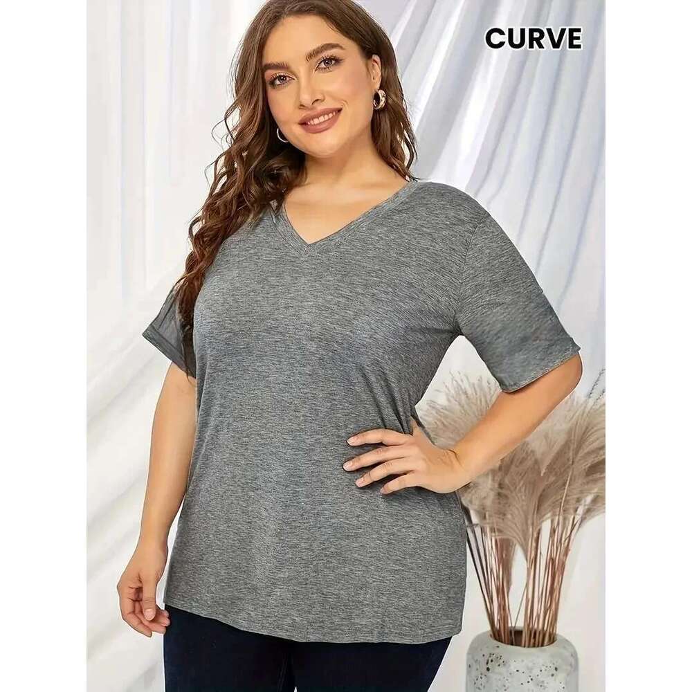 Plus Size Solid Color V-Neck T-Shirt Women Soft Stretchy Polyester Short Sleeve Casual Top - Ideal For Spring & Summer Ela
