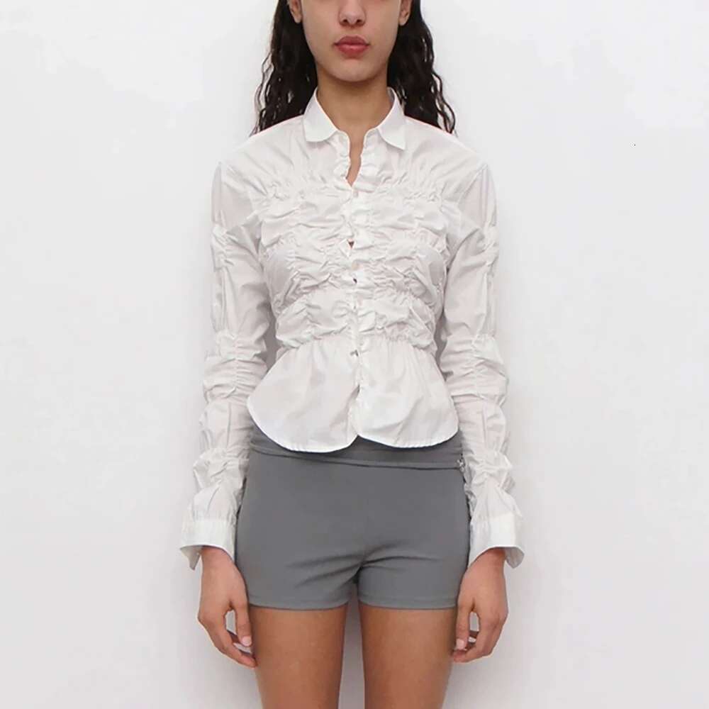 Cotton Women's Blouse Y2k Fashion Personalized Stretchy Drawstring Pleated Slim Polo Collar Long Sleeve Shirt Tops 2025 Fall New