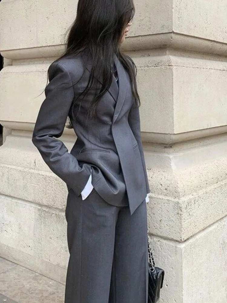 BJTZ The Womens Suit Brings A High-end Feel Wearing A Professional Little Gray Suit Jacket Wide-leg Pants Two Pieces 250210