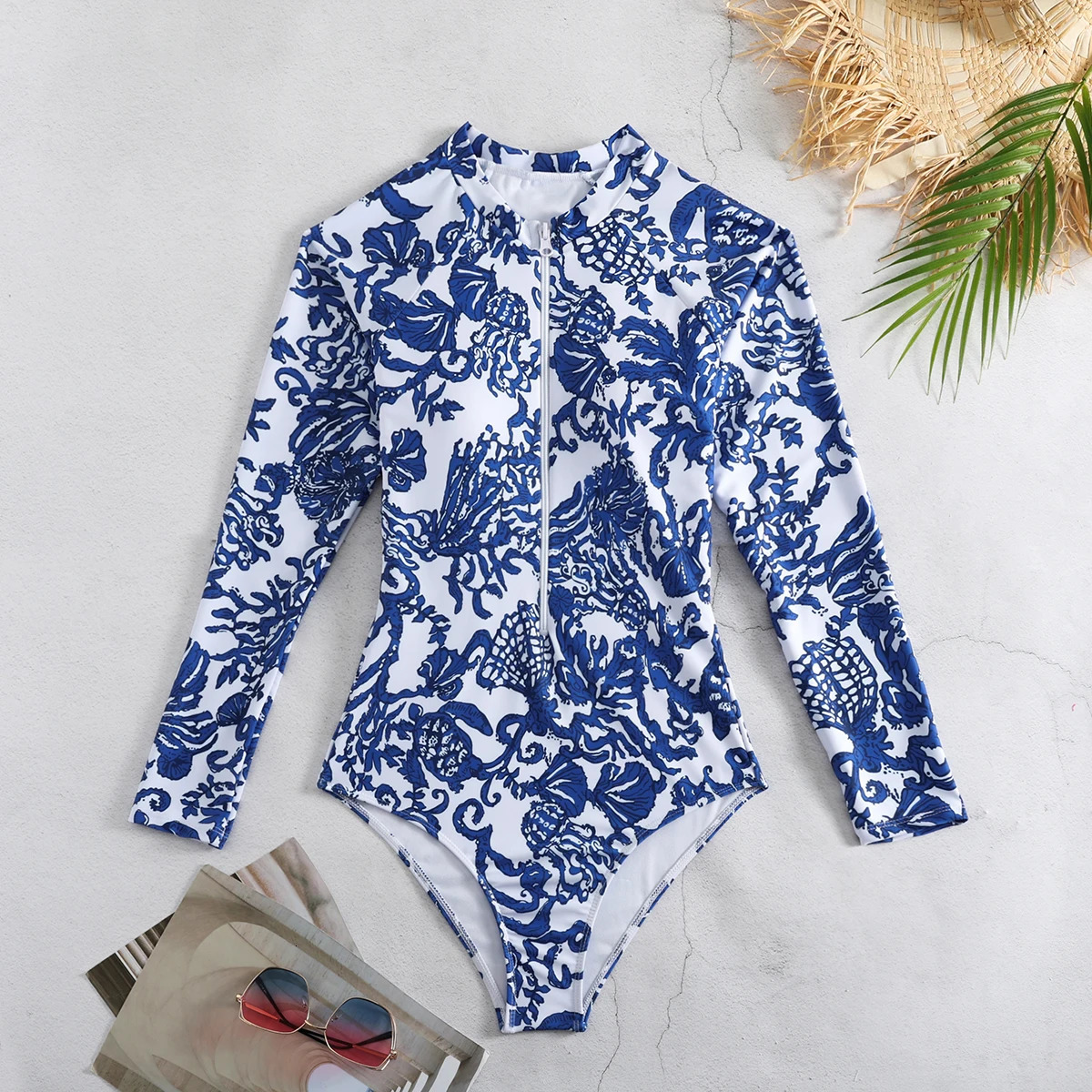 One Piece Swimsuit Long Sleeve Zip Front Blue White Surf and Sarong Swimwear Slimming Bathing Suit Beach Wear 250214