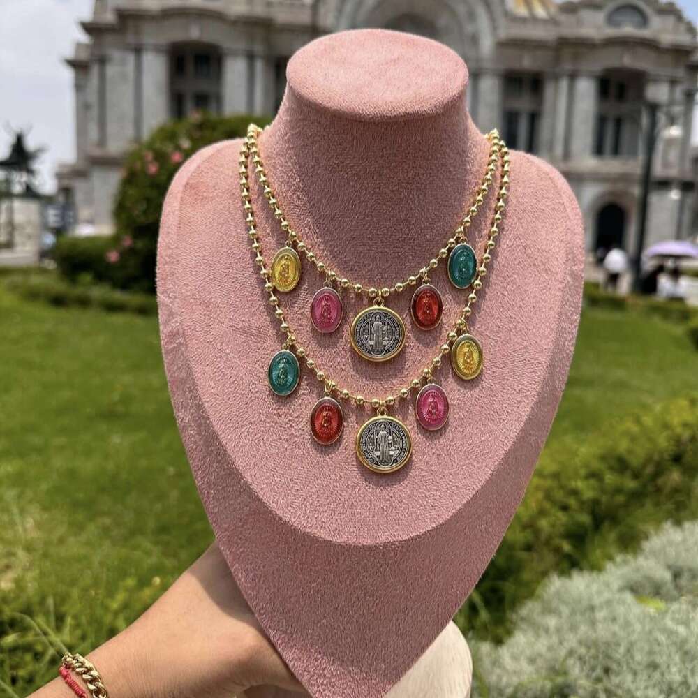 Round Madonna pendant, bead chain, copper gold-plated necklace, religious accessory for women