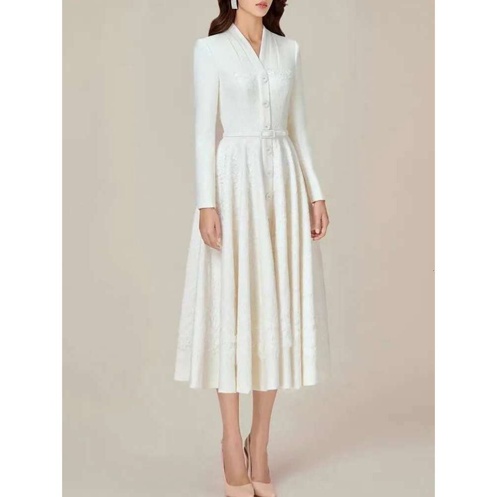 Solid Patchwork Belt Elegant Dress For Women V Neck Long Sleeve High Waist Spliced Button Temperament Dresses Female New