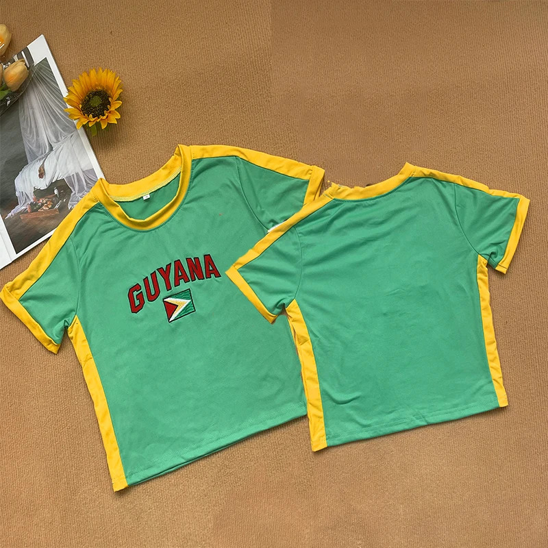Women Gothic Vintage O Neck Slim Crop Tops Short Sleeve TShirt For Summer Y2k Streetwear GUYANA Letter Print Sporty Baby 250217