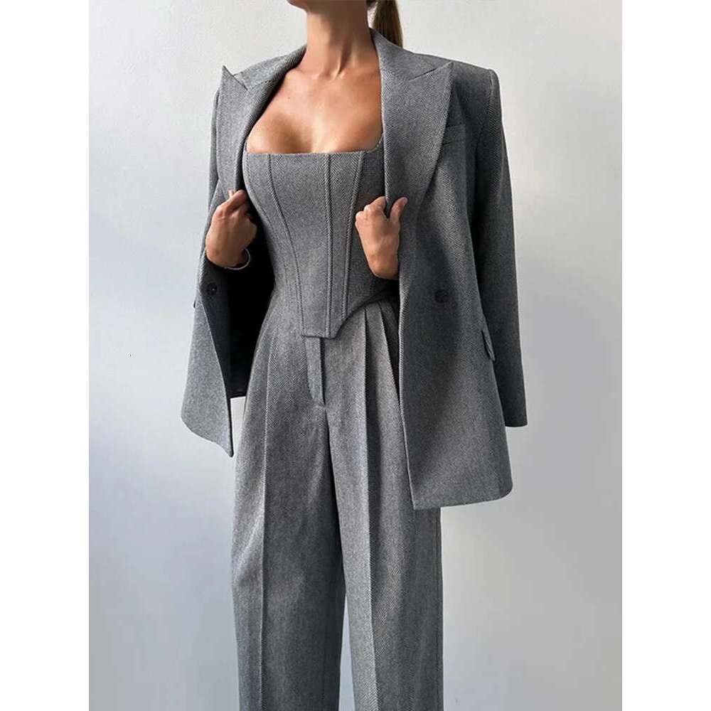 Elegant Solid Blazer Coats Pants 3 Pieces Sets Women Long Sleeve Belt Coat Fishbone Top High Waist Wide Trousers Lady Suits
