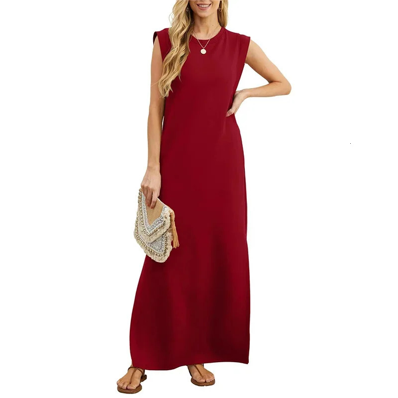 Casual Maxi Dress For Women Summer Loose Sleeveless Long Dresses Elegant Lady O Neck Solid Color Boho Beach Sundress Vestidos 250214