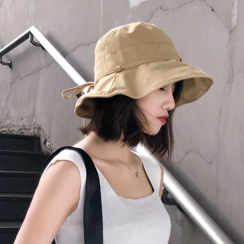 New Spring Summer Cotton Bucket Hat Womens Sweet Knot Bow Wide Brim Panama Sun Hat Outdoor Beach Tourist Fishermans Hat W250217