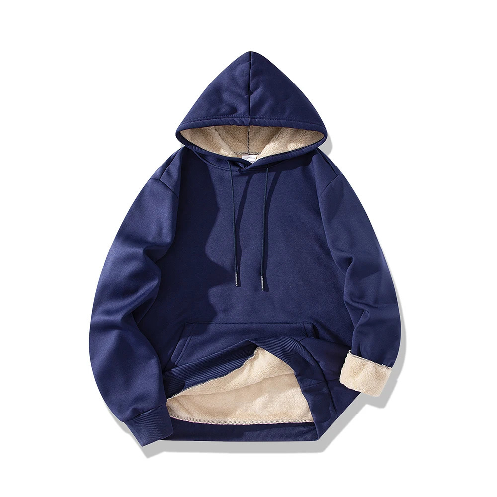 Autumn Winter Mens Fleece Lined Thermal Hoodie Sweatshirt Casual Loose Solid Color Top Round Neck Pullover Thicken 250214