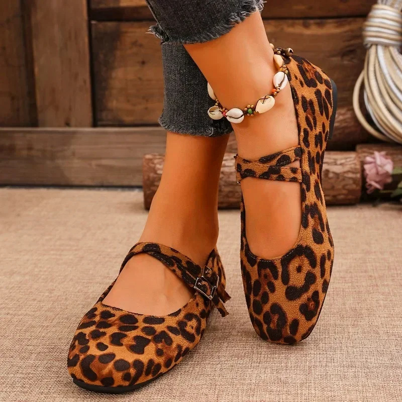 Mary Jane Buckle Strap Ballet Flats Women Shoes Shallow Casual Leopard Print Comfortable Square Toe Flat Shoes for Women Zapatos 250214