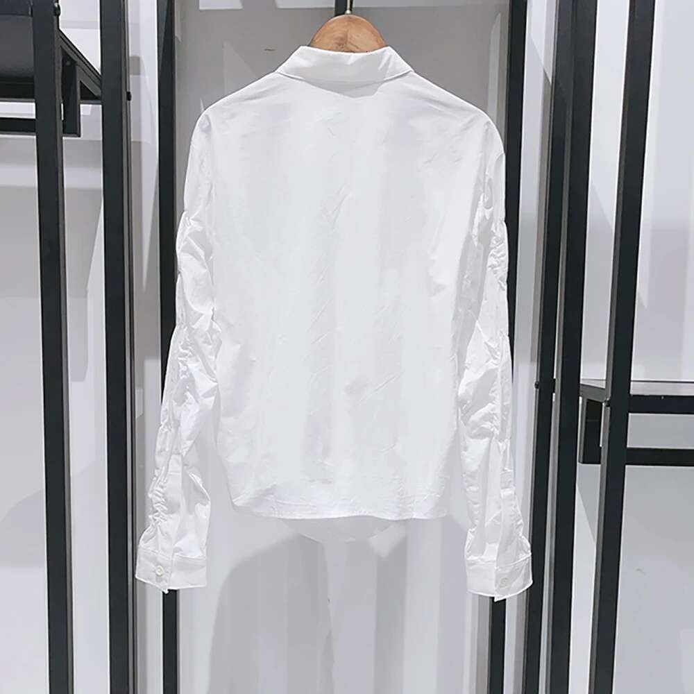 Cotton Women's Blouse Y2k Fashion Personalized Stretchy Drawstring Pleated Slim Polo Collar Long Sleeve Shirt Tops 2025 Fall New