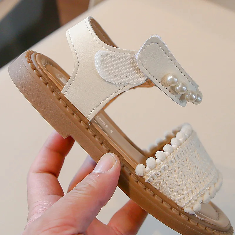 Unishuni Girls Sandals Princess One-Strap Summer Shoes Child Soft Skin-Friendly Cloth Sandal Kids Lace Pearl Bohemia Beach Flats 250214