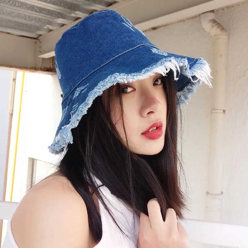 New Summer Unisex Tassel Washed Denim Bucket Hats Fashion for Women Wide Brim Foldable Panama Cap Outdoor Beach Fishermans Hat W250217