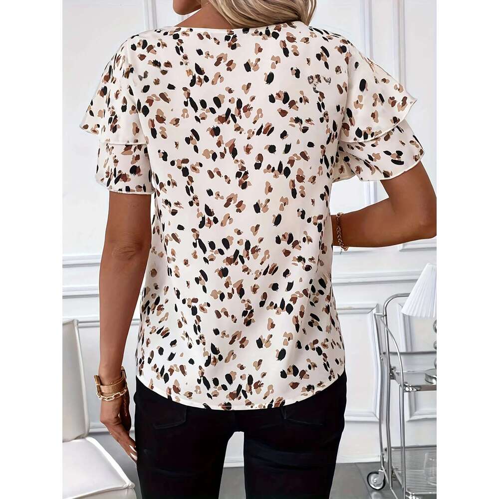 Summer Women Elegant Print Shirt Casual Fashion Vacation Crew Neck Ruffle Sleeve Tops Clothing