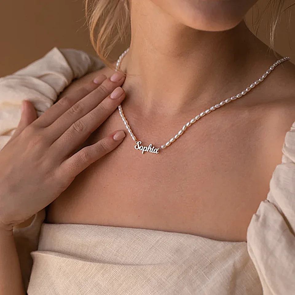 Personalized Custom Name Pendant Fashion Pearl Beaded Necklace for Women Stainless Steel Customized Nameplate Jewelry 250210