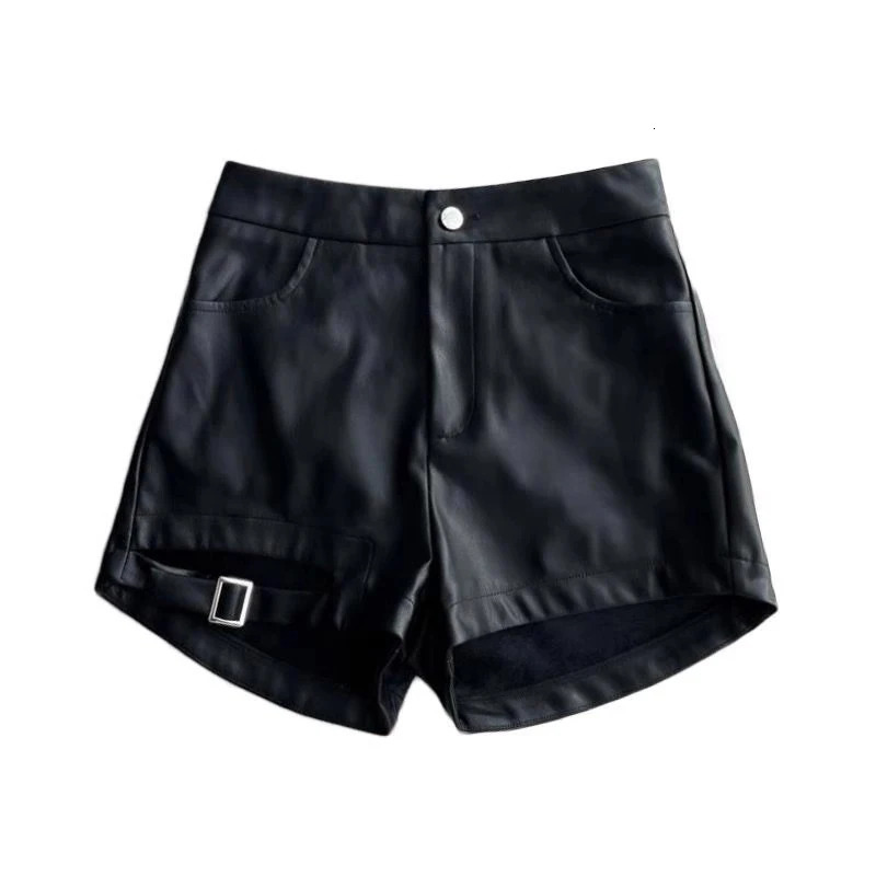 Womens High Waist Shorts Waisted PU Leather Versatile Hollow out Buckle Slim Sexy 250213