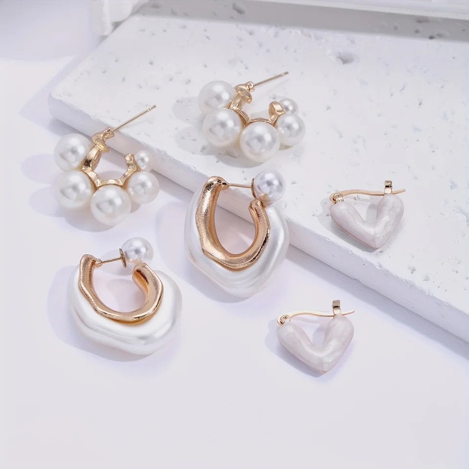 3 Pcs Delicate Pearl Heart n Hoop Earrings Vintage Elegant Style Trendy Female Dating Set Jewelry Gifts 250213