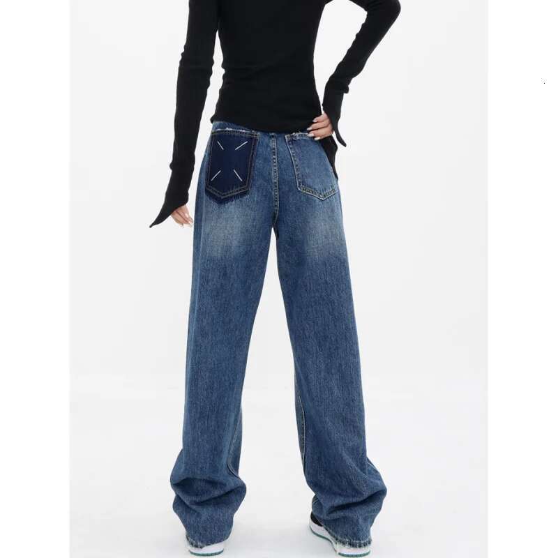 Blue High Waist Women Jeans Color Contrast Vintage American Fashion Streetwear Wide Leg Jean Female Trouser Baggy Denim Pants