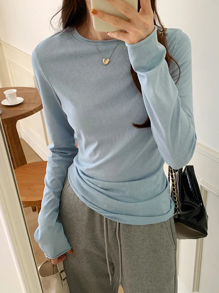 Spring Autumn T shirt Women Tops Solid Long Sleeve Ruched O Neck Tshirts Female Korean Casual Streetwear High Quality Base Tees 250217