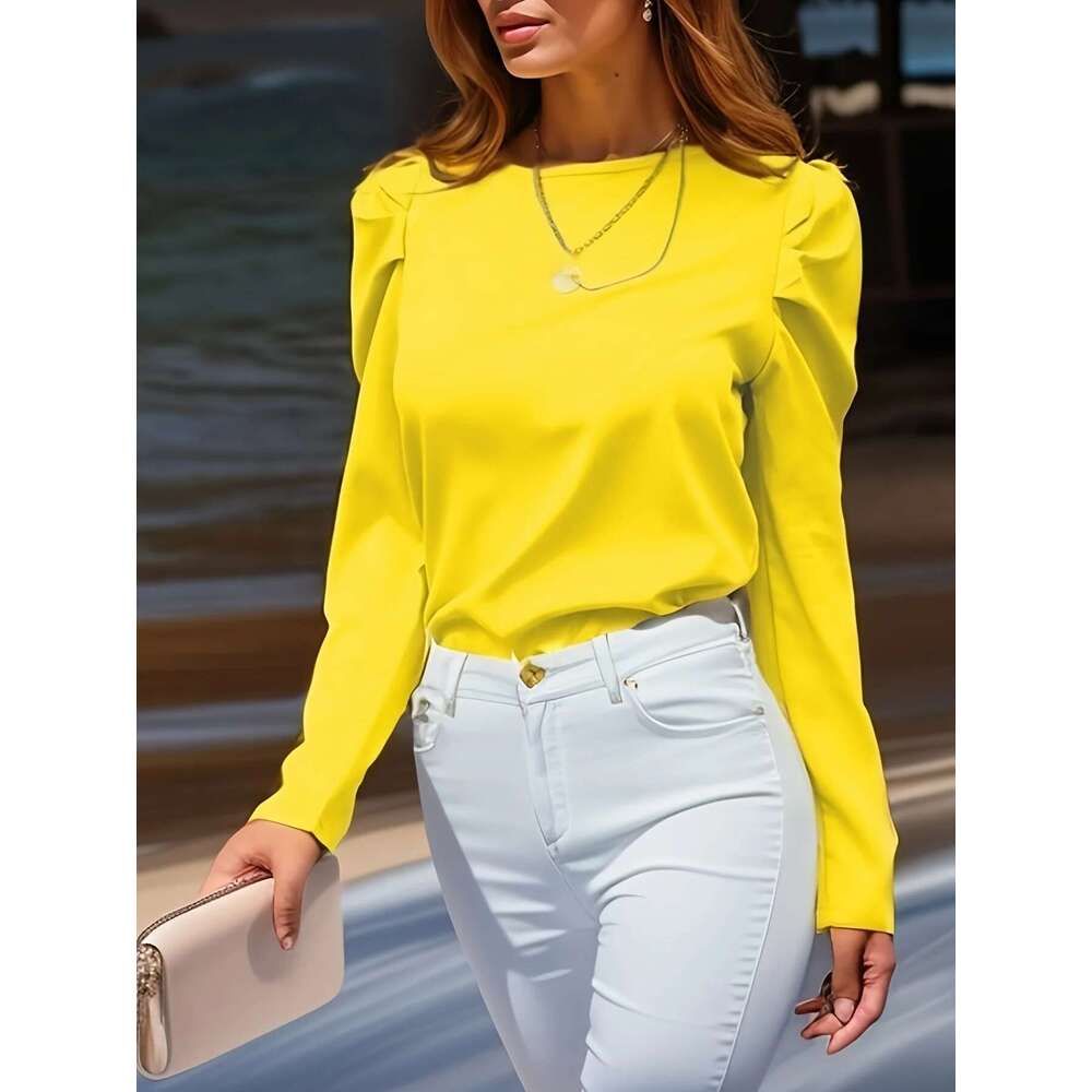 New Fashion Chic Female Elegant Long Sleeve Ruched Blouse - Women's Solid Crew Neck Top For Casual And Formal Wear