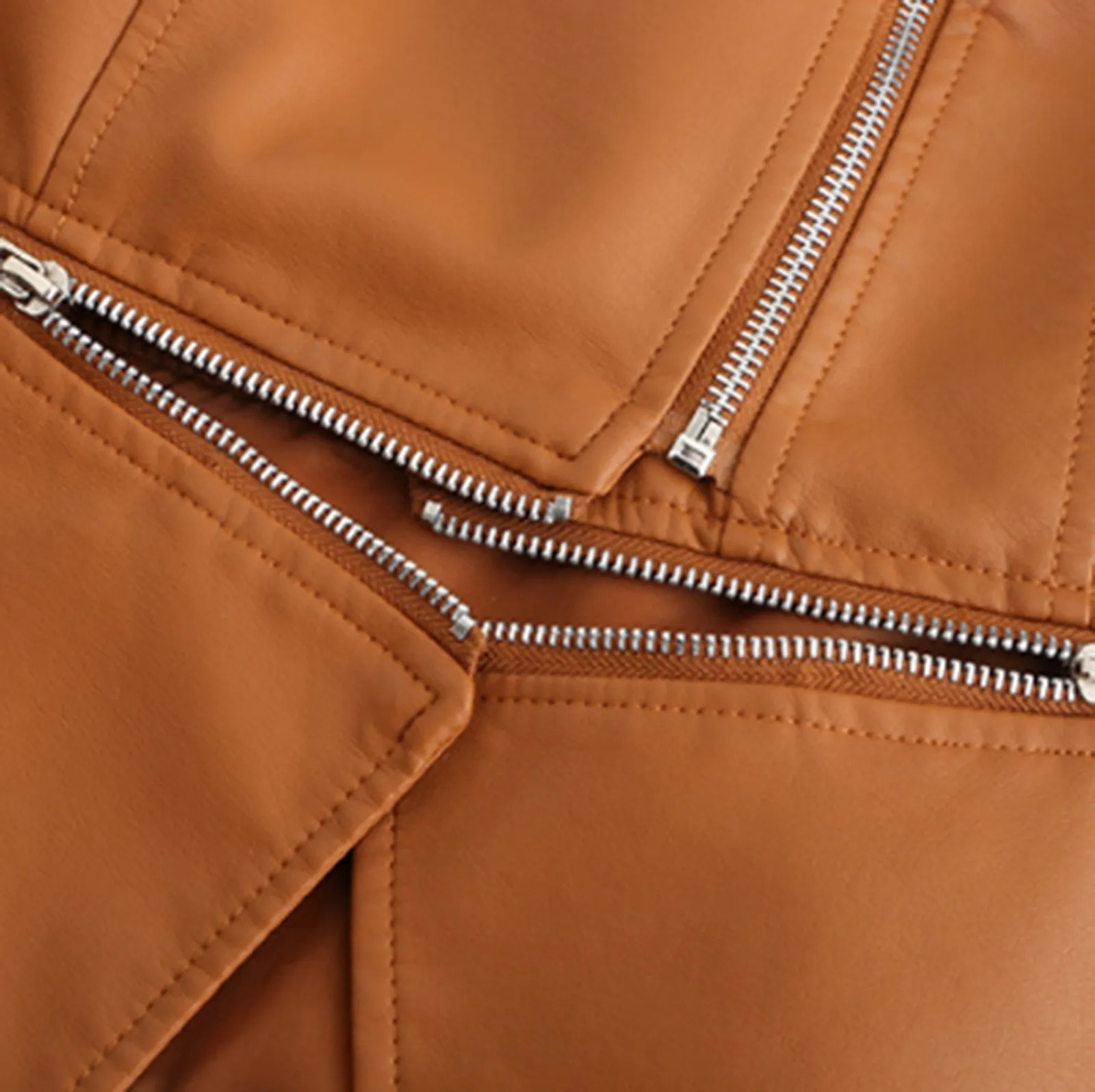 Womens American Retro Pu Leather Jackets Slim Lapel Cropped Motorcycle Coat Solid Color Zippers Pockets Outwears 250211