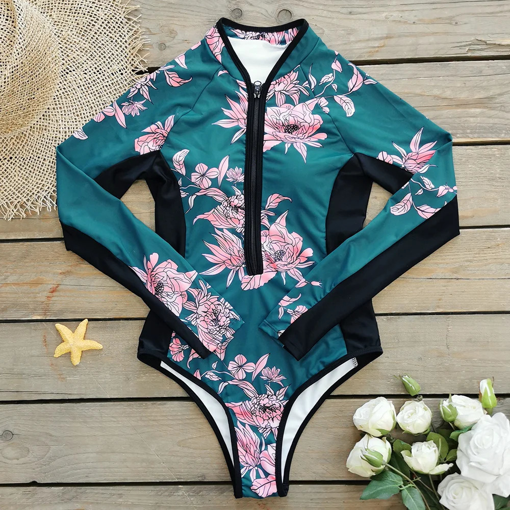 Sexy Zipper Surfing One Piece Swimsuit Long Sleeves Women Swimwear Bathing Suit Printed Female Vintage Beachwear 250214
