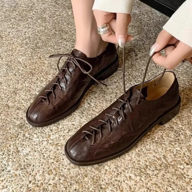 Leather Lace Oxford Basic Block Heel Womens High Foot Derby Outdoor Sports Shoes 250218