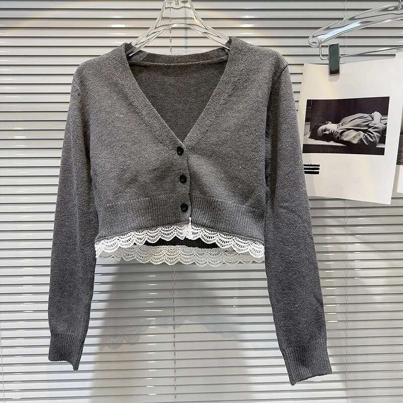 DEAT 2024 Autumn New Item Fashion Women's Two-Pieces Set Lace Patchwork Knit Cardigan Short Jacket Elastic Waist Shorts 11A0916